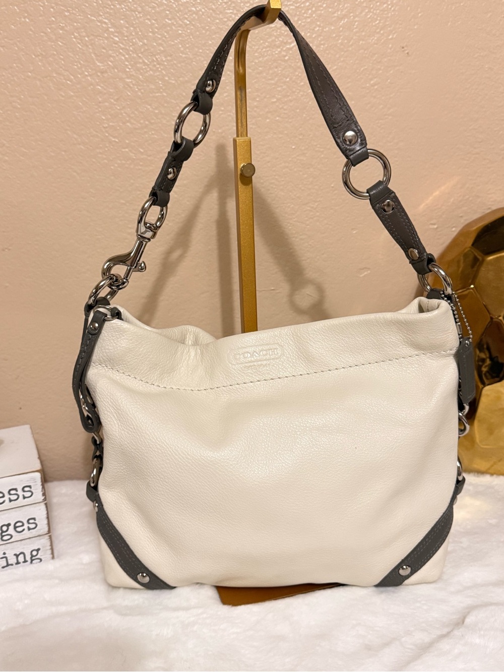 Coach White Leather Shoulder Bag with gray Accents - Picture 3 of 17